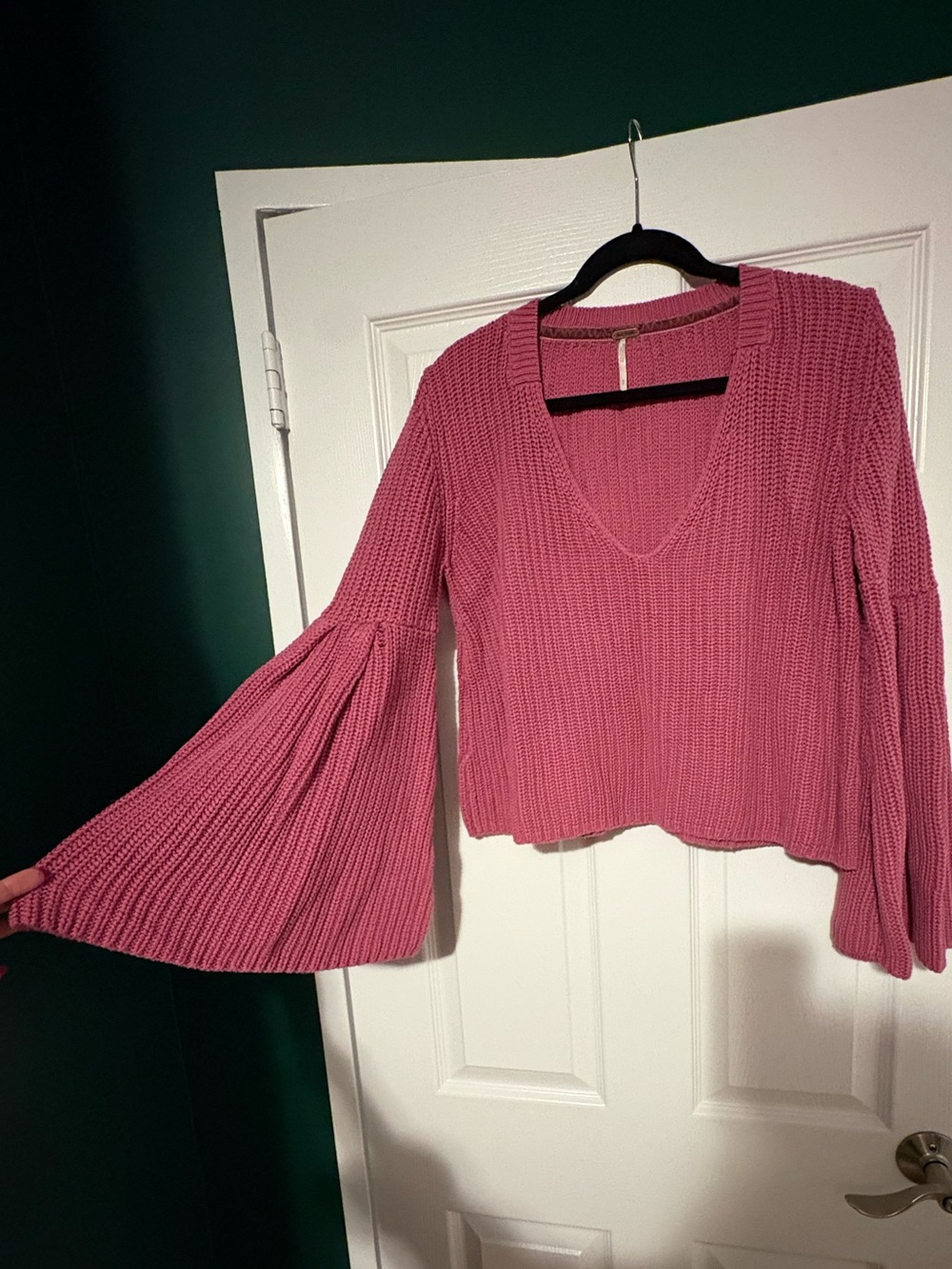 Free People Rose Pink V-Neck Bell Sleeve Knit Sweater